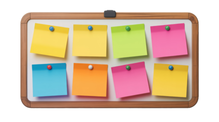 Eight vibrant sticky notes, yellow, green, pink, orange, and blue, are pinned to a whiteboard with colorful thumbtacks. Great for organization. background removed