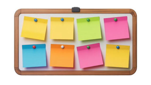 Eight vibrant sticky notes, yellow, green, pink, orange, and blue, are pinned to a whiteboard with colorful thumbtacks. Great for organization. background removed