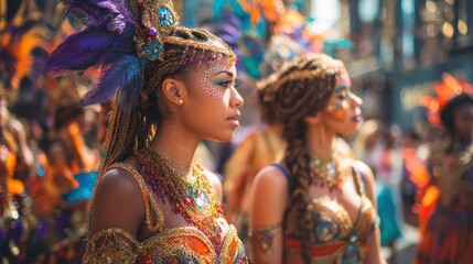 Carnival performers parade through vibrant autumn street festival