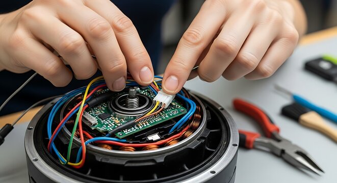 Hands connecting wires to electronic motor circuit board with tools electronics technology - Powered by Adobe