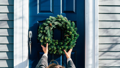 Female Hands Decorating Blue Front Door with Christmas Pine Wreath Outdoors