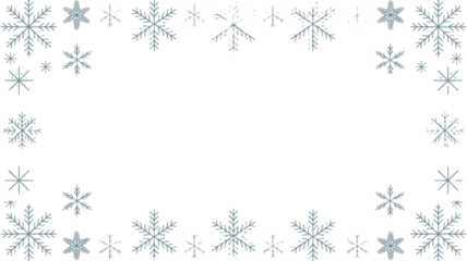 A festive winter background featuring a border of elegant white and blue snowflakes arranged around an empty green space, perfect for seasonal designs. background removed