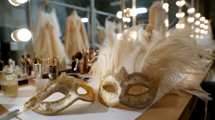 Carnival preparations are underway, with costumes and masks artfully arranged on smooth surfaces in warm, diffused light. 