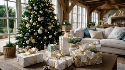 A festive holiday scene featuring a pile of gifts under a Christmas tree, surrounded by warm and inviting decorations. capturing the joy and excitement of the season.
