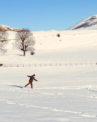 Vertical Ver. 4x5. Person Walking in a Vast Snowy Mountain Landscape on a Bright Winter Day