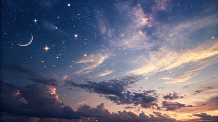 Dreamy night sky with crescent moon and twinkling stars, perfect for fantasy book covers and calming meditation backgrounds, inspire hope and wonder now