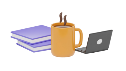 A 3D rendered image featuring a vibrant orange coffee mug with steam, a stack of two purple books, and an open black laptop, symbolizing study and productivity. background removed