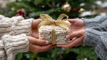 A warm and lively Christmas gift exchange takes place under the tree, surrounded by golden presents and creamy decorations, 