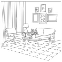 Elegant living room line art illustration featuring sofa, chairs, coffee table, lamp,
curtains, and wall frames. Ideal for interior design, home decor, catalogs, and vector projects.