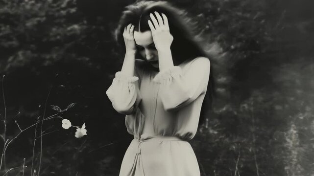 Melancholic woman uncovering her face in nature