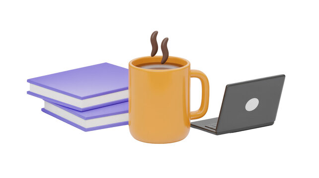 A 3D rendered image featuring a vibrant orange coffee mug with steam, a stack of two purple books, and an open black laptop, symbolizing study and productivity. background removed