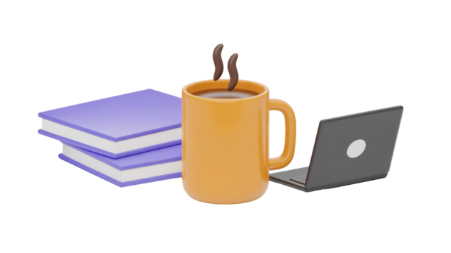 A 3D rendered image featuring a vibrant orange coffee mug with steam, a stack of two purple books, and an open black laptop, symbolizing study and productivity. background removed