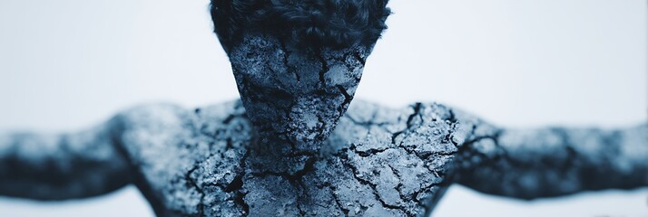 A striking image of a human figure with a cracked, textured surface, evoking themes of transformation and vulnerability.