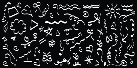 Hand-drawn decorative doodle elements set with hearts, arrows, stars, and swirls, Whimsical doodle shapes and line art symbols for artistic design and illustration