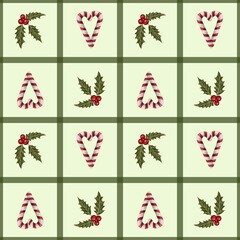 Seamless Christmas pattern. Holly branches, striped red and white candy cane