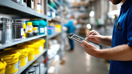 Faceless employee restocking renovation supplies, digital interface slightly visible and out of focus, with copy space. - Powered by Adobe