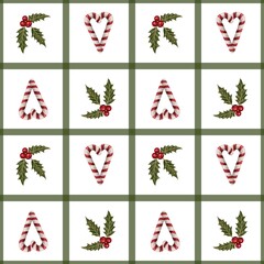 Seamless Christmas checkered pattern. Holly branches, striped red and white candies on a white background.