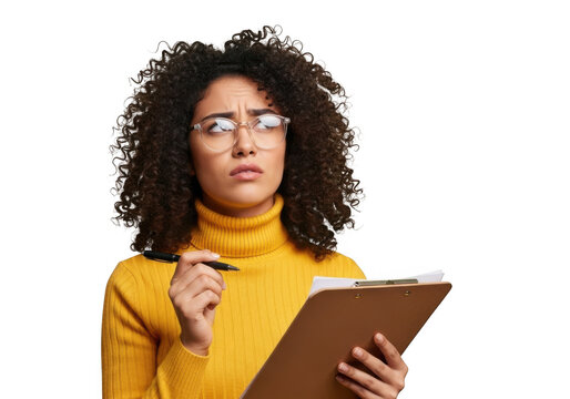 Young woman with curly hair wearing glasses and a yellow turtleneck holding a clipboard and pen looking thoughtful isolated on transparent background