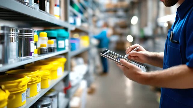 Faceless employee restocking renovation supplies, digital interface slightly visible and out of focus, with copy space.