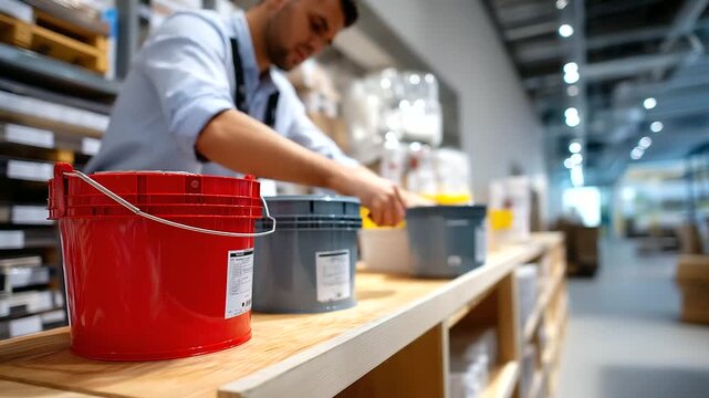 Faceless employee restocking renovation supplies, digital interface slightly visible and out of focus, with copy space.