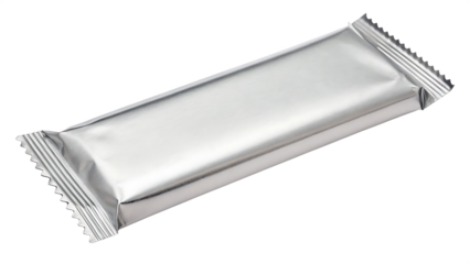 Blank silver foil candy bar or chocolate wrapper cut out on PNG. AI GENERATED.