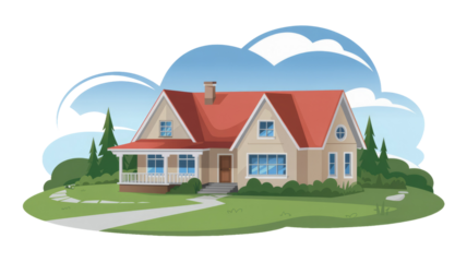 Vector illustration of a charming suburban house with a red roof, front porch, green lawn, trees, and winding path. background removed