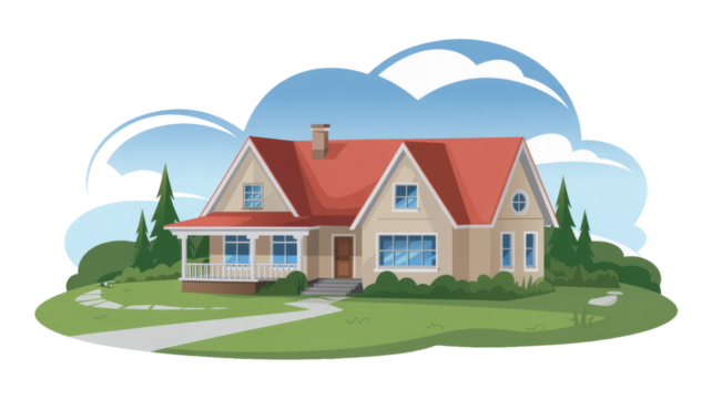 Vector illustration of a charming suburban house with a red roof, front porch, green lawn, trees, and winding path. background removed
