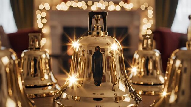 Golden Handbells Shimmering with Festive Bokeh Lights and Elegant Reflections Set for a Beautiful Christmas Holiday Carol Performance