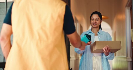 Woman, payment and phone at front door with package, customer experience or fintech for ecommerce. People, courier and smartphone with app for pos, shipping service and thanks for box at apartment