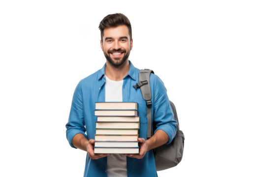 Smiling young man with beard wearing denim shirt and backpack holding a stack of books isolated on transparent background