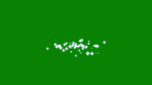 Glowing light trails sweep across a green screen as flat vector doodle sparkles, white cartoon blinking stars, create a fast glitter motion, forming a twinkling stars animation, a twinkle effect