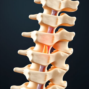 Closeup of the spinal vertebrae with a visible spinal nerve emerging from the intervertebral foramen
