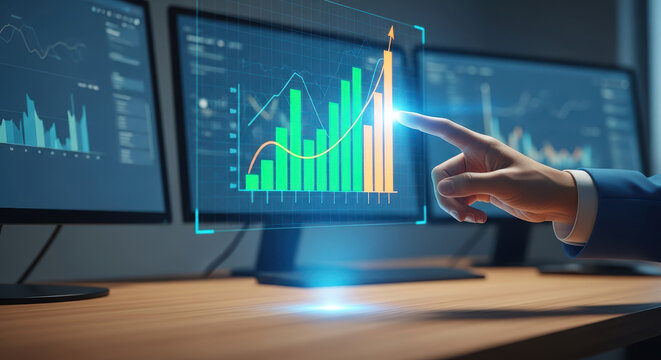 Hand pointing at a stock market graph on screen - Powered by Adobe