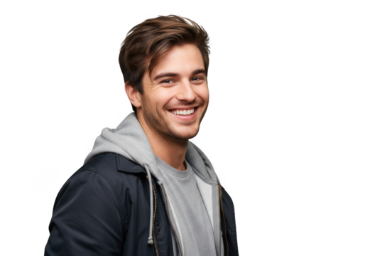 A cheerful young man with stylish brown hair and a warm smile wearing a grey hoodie and dark jacket isolated on transparent background