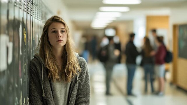 Student stands alone by lockers in a busy school hallway during a busy school day