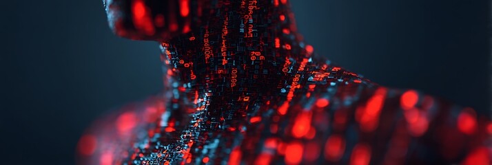 A digital representation of a humanoid figure composed of glowing data points in red and blue, symbolizing the intersection of technology and humanity.