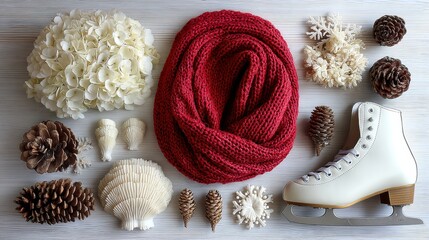White leather skates beside burgundy scarf arranged on textured concrete with knit sweater, pinecones, faux snow and warm rustic lighting; stylist prepping