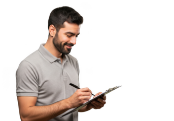 Smiling man with beard wearing a light grey polo shirt writing on a clipboard with a pen isolated on transparent background