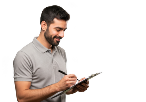 Smiling man with beard wearing a light grey polo shirt writing on a clipboard with a pen isolated on transparent background