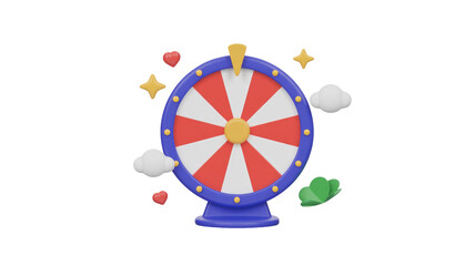 3D wheel of fortune, red, white segments, blue frame. Lucky stars, clouds, hearts, clover: chance, games, prizes. background removed