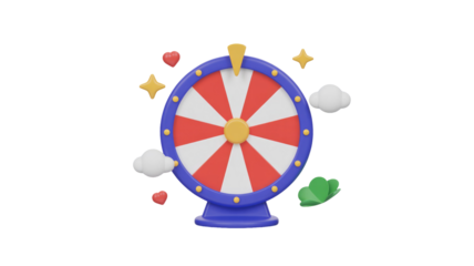3D wheel of fortune, red, white segments, blue frame. Lucky stars, clouds, hearts, clover: chance, games, prizes. background removed