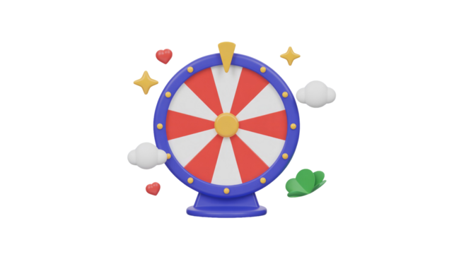 3D wheel of fortune, red, white segments, blue frame. Lucky stars, clouds, hearts, clover: chance, games, prizes. background removed