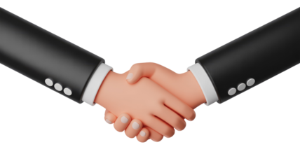 A 3D rendered image of two business-suited hands shaking, symbolizing agreement, partnership, or professional greeting. background removed