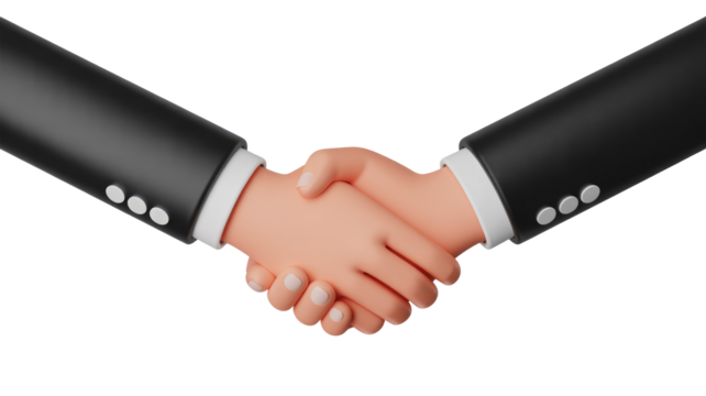 A 3D rendered image of two business-suited hands shaking, symbolizing agreement, partnership, or professional greeting. background removed