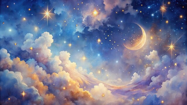 Dreamy celestial sky with glowing moon, stars, and fluffy clouds, perfect for children's books and whimsical designs that evoke peace and wonder