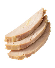 Cooked sliced chicken breast meat isolated on a plain white background, showcasing tender and moist texture for healthy meal options