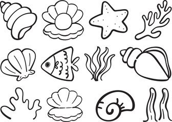 Sea life doodles featuring shells, coral, seaweed, and marine elements designed as cute vector illustrations for ocean-themed creative projects.
