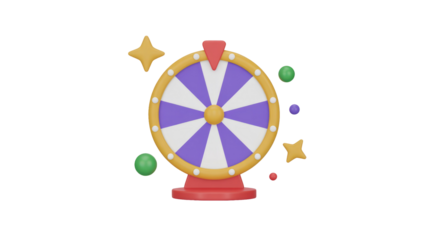 3D wheel of fortune with purple, white segments, red pointer, base. Decorated with yellow stars and colorful spheres for luck. background removed