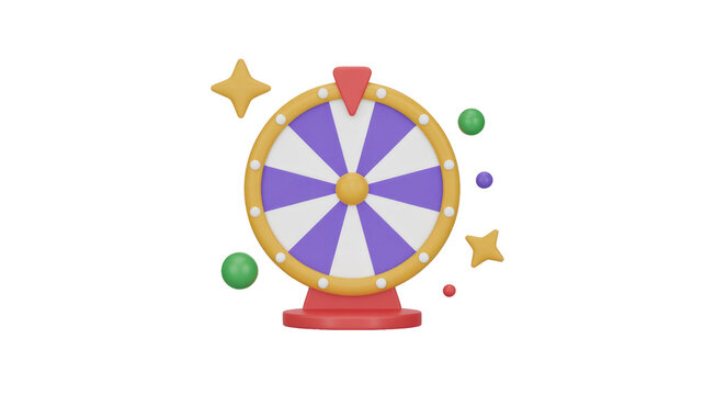 3D wheel of fortune with purple, white segments, red pointer, base. Decorated with yellow stars and colorful spheres for luck. background removed