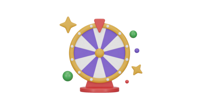 3D wheel of fortune with purple, white segments, red pointer, base. Decorated with yellow stars and colorful spheres for luck. background removed
